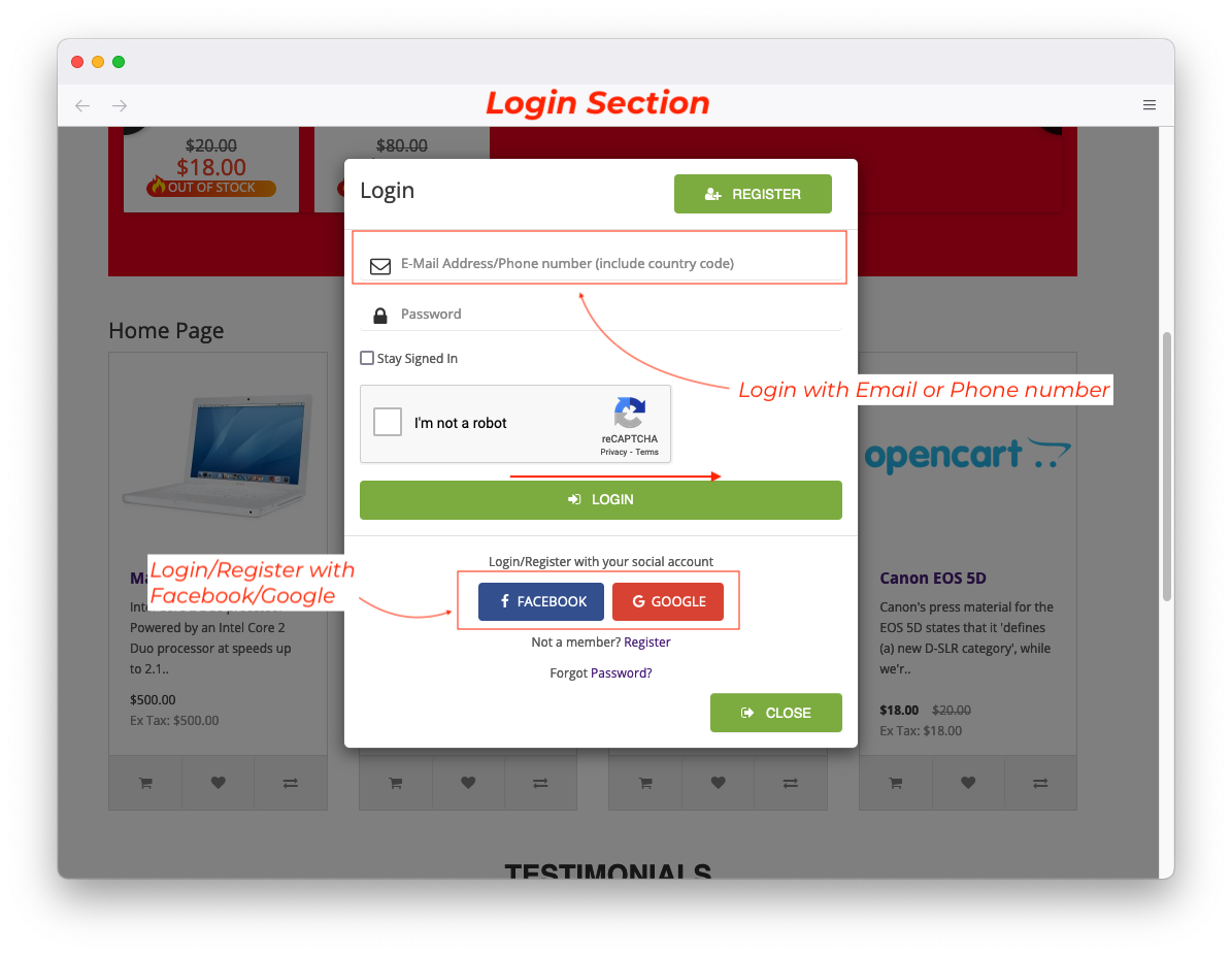 login section for login social facebook and google opencart